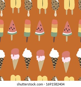 Seamless orange colorful Ice cream cone pattern. Fun summer pattern.