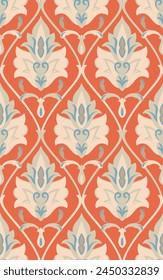 Patrón de damasco naranja sin costuras. Adorno de Vector Antiguas. Fondo oriental para un Fondo de pantalla, textil, alfombra, papel de embalaje. 