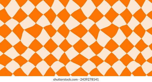 Seamless orange diagonal checkerboard pattern. Repeated distorted checkered texture. Groovy trippy abstract surface background. Vector vintage retro style wallpaper for textile, fabric, wrapping paper