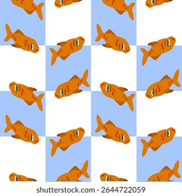 Seamless Orange Fish Check Pattern — Playful orange fish on alternating white and blue checkered background in seamless repeat. Flat cartoon-style pattern with marine vibes.