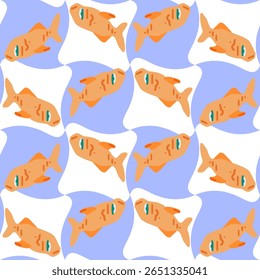 Design de padrão de peixe laranja sem costura. Peixe laranja brincalhão com olhos azuis em um lavanda ondulado e fundo branco. Padrão de desenho animado perfeito em design plano para temas aquáticos e de verão.