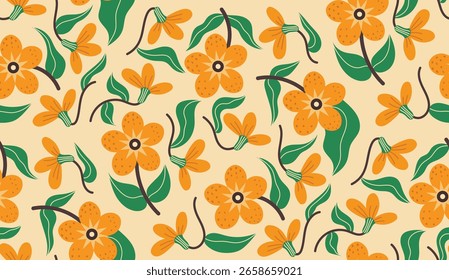 Seamless Orange Floral Pattern with Green Leaves on Beige Background