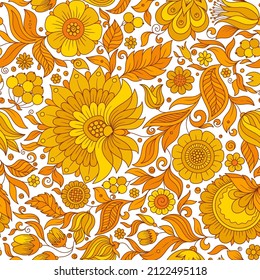 Patrón floral de color anaranjado, telón de fondo veraniego. Diseño de superficie dibujado a mano con flores en el jardín. Se puede usar para papeles pintados, rellenos de patrones, texturas superficiales.