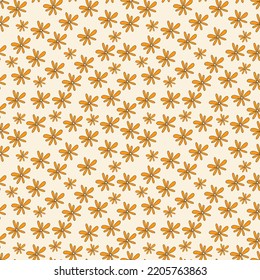 Seamless orange flower pattern in groovy style. Seamless vectoron small field flowers in retro 70s style for fabric or paper print.
