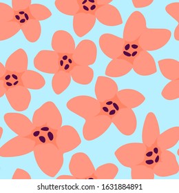 seamless orange flowers pattern. on light blue background. spring and summer mood. for paper, cover, fabric, interior decor and other users