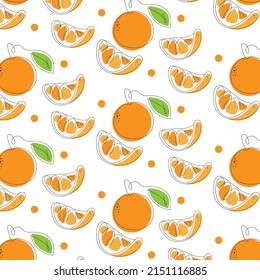Seamless orange fruit background. Fruit with a hand-drawn leaf pattern. Linear vector illustration for wallpaper, wrapping paper. Food template for menu, cover, nursery design