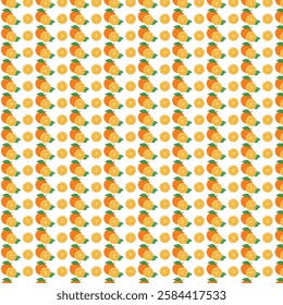 A seamless orange fruit pattern featuring fresh whole and sliced oranges with green leaves. Perfect for backgrounds, textiles, packaging, and digital designs