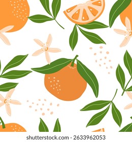 Seamless orange fruit pattern on a white background. Vector illustration for printing. Background with food and drinks. Cute baby background 
