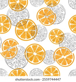 Seamless orange fruit pattern. Vector background with watercolor and doodle orange slices