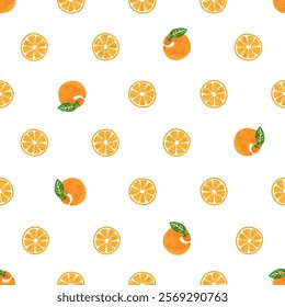 Seamless orange fruit pattern. Vector polka dot print with watercolor citrus fruits slices