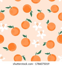 Seamless of orange with green leaves on pastel peach background vector illustration. Cute hand drawn fruit for print.