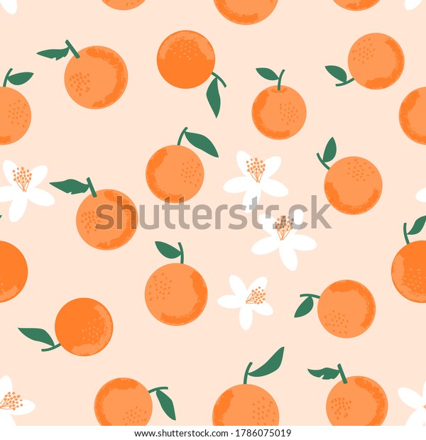 パステルの桃の背景にシームレスなオレンジと緑の葉 ベクターイラスト 手描きの手描きのフルーツがかわいい のベクター画像素材 ロイヤリティフリー