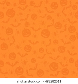 Seamless orange Halloween background with holiday icons, pumpkins, bats and spiders, illustration.