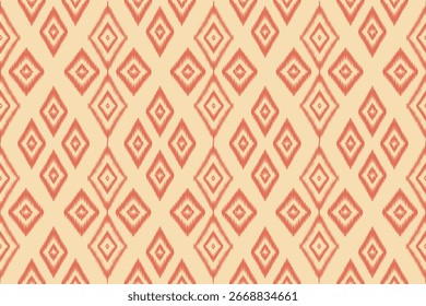 Seamless orange Ikat diamond pattern on cream background. Ethnic textile design in warm earthy tones for fabrics, fashion, wallpaper, wrapping paper, and home decor.