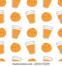 Patrón de zumo de naranja natural. naranja kawaii y un vaso de zumo de naranja. Para fondo, impresión, estuche, portada, embalaje