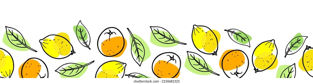Seamless orange and lemon fruit border. Fruits with leaf hand drawn sketch. Linear vector illustration for wallpaper, wrapping paper. Food template for menu, cover, nursery design