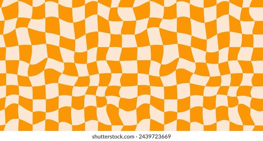 Seamless orange liquid checkerboard pattern. Repeated distorted checkered texture. Groovy trippy abstract surface background. Vector vintage retro style wallpaper for textile, fabric, wrapping paper – Vector có sẵn