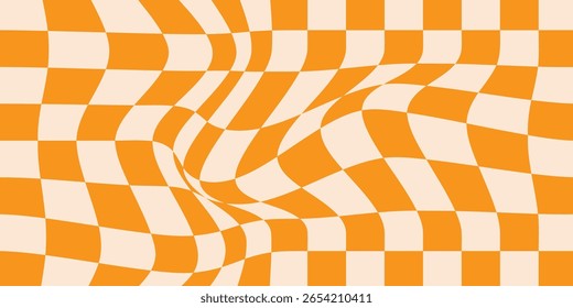 Nahtloses orangefarbenes Schachbrettmuster. Wiederholte verzerrte Schachbrettmuster. Groovy trippy abstrakter Oberflächenhintergrund. Vektor Vintage Retro-Stil Tapete für Textilien, Stoff, Umschlagpapier