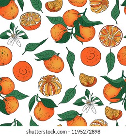 Seamless orange mandarin tangerine with leaves vector pattern. Colorful background