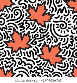 Seamless orange maple leaf pattern with black abstract doodles on white background. Playful autumn repeat perfect for fabric, packaging, and seasonal merchandise.