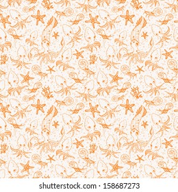 Seamless orange marine background with sea animals: octopuses, squid, starfishes. This endless pattern can be used for wallpaper, pattern fills, textile, web page background, surface textures. 