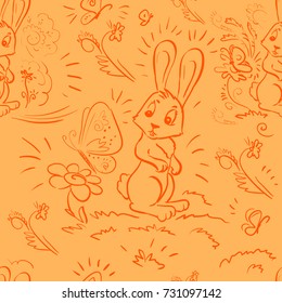 Seamless orange pattern - Cartoon rabbit