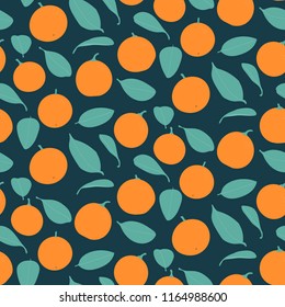 Seamless orange pattern - citrus illustration with leaves repeating on dark blue background