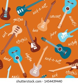 Seamless orange pattern with colorful guitars and text. Musical background. Vector illustration.