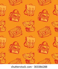Seamless orange pattern with different styled bags