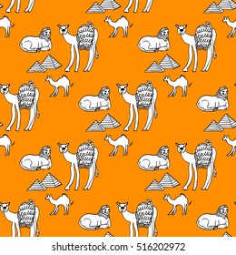 Seamless orange pattern with egyptian landmarks. Sphinx, camels, pyramids. Giza pyramids. Adventures. Ancient Egypt pattern with animals for design, prints, fabric, wrapping paper, invitations, cards.