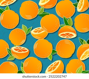Seamless orange pattern featuring whole oranges, orange slices, and green leaves on a textured blue background. Bright and refreshing design perfect for summer, fruit-themed projects, kitchen decor.