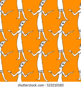 Seamless orange pattern with figures of egyptian women in ancient dresses. Nefertiti. Dancers. Beautiful pattern for prints, textile, design, wrapping paper, scrapbooking.