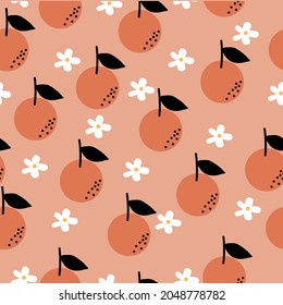 Seamless orange pattern with orange flowers on orange background. Modern pattern for paper, cover, fabric, interior. and other users. Seamless fruit