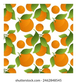 Seamless orange pattern with green leaves and lemon slices, oranges on tree branches on a white background. Wrapping paper, textile, vector illustration