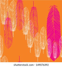 Seamless orange pattern with hand-drawn pink and white feathers. Vector