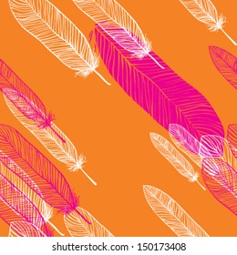 Seamless orange pattern with hand-drawn pink and white feathers