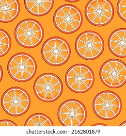 Seamless orange pattern. Juicy citrus slices isolated on orange background. Summer fruit illustration for wallpaper, fabric, wrapping paper, packaging design. Bright vector art