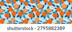 Seamless orange pattern in a Mediterranean theme in turquoise and orange colors.  A pattern with juicy lemon fruits on a branch, leaves and flowers. Suitable for backgrounds, wrapping paper, textiles and more.  Illustrated vector clipart. Hand draw no ai.