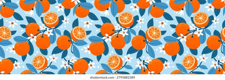Seamless orange pattern in a Mediterranean theme in turquoise and orange colors.  A pattern with juicy lemon fruits on a branch, leaves and flowers. Suitable for backgrounds, wrapping paper, textiles and more.  Illustrated vector clipart. Hand draw no ai.