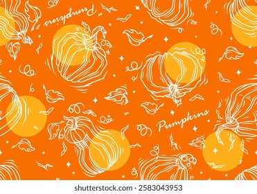 seamless orange pattern on the theme of pumpkins, ornaments for clothes, sketchbooks, prints, background for crafts. Vegetables, pumpkins, leaves, linear, hand drawn, doodle, wallpaper, halloween