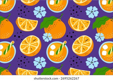 Patrón naranja sin fisuras sobre fondo violeta. Ilustración de cítricos dibujados a mano, papel de embalaje de Imagen de héroe y diseño textil