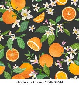 Seamless Orange pattern with tropic fruits, leaves, flowers background. Hand drawn vector illustration in watercolor style for summer cover, citrus tropical wallpaper, vintage texture