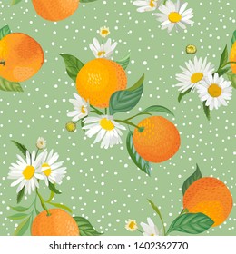 Seamless Orange pattern with tropic fruits, leaves, daisy flowers background. Hand drawn vector illustration in watercolor style for summer cover, tropical wallpaper, citrus vintage texture