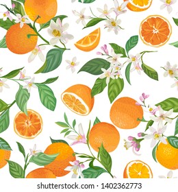 Seamless Orange pattern with tropic fruits, leaves, flowers background. Hand drawn vector illustration in watercolor style for summer cover, citrus tropical wallpaper, vintage texture
