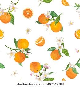 Seamless Orange pattern with tropic fruits, leaves, flowers background. Hand drawn vector illustration in watercolor style for summer cover, citrus tropical wallpaper, vintage texture