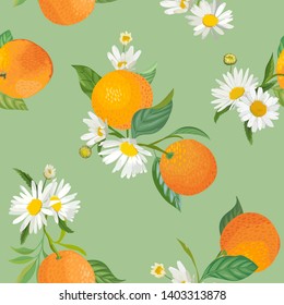 Seamless Orange pattern with tropic fruits, leaves, daisy flowers background. Hand drawn vector illustration in watercolor style for summer cover, tropical wallpaper, citrus vintage texture