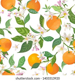 Seamless Orange pattern with tropic fruits, leaves, flowers background. Hand drawn vector illustration in watercolor style for summer cover, citrus tropical wallpaper, vintage texture