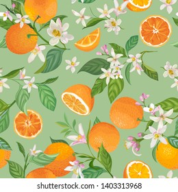 Seamless Orange pattern with tropic fruits, leaves, flowers background. Hand drawn vector illustration in watercolor style for summer cover, citrus tropical wallpaper, vintage texture