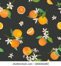 Seamless Orange pattern with tropic fruits, leaves, flowers background. Hand drawn vector illustration in watercolor style for summer cover, citrus tropical wallpaper, vintage texture