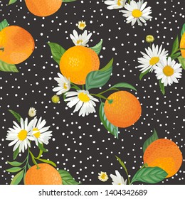 Seamless Orange pattern with tropic fruits, leaves, daisy flowers background. Hand drawn vector illustration in watercolor style for summer cover, tropical wallpaper, citrus vintage texture